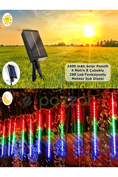 For Prime Solar Panelli Fonksiyonlu 4 Mt. 288 Led 8 Çubuk RGB Meteor Işık Dizeleri Led Aydınlatma