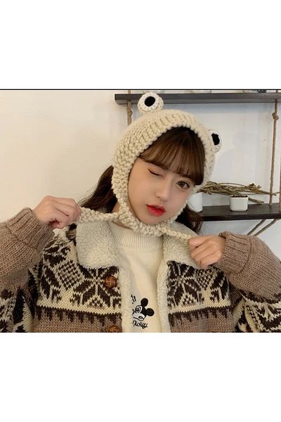 TRENDİN YOLU Cream Frog Hat Style Korean Model Long Beret Handmade