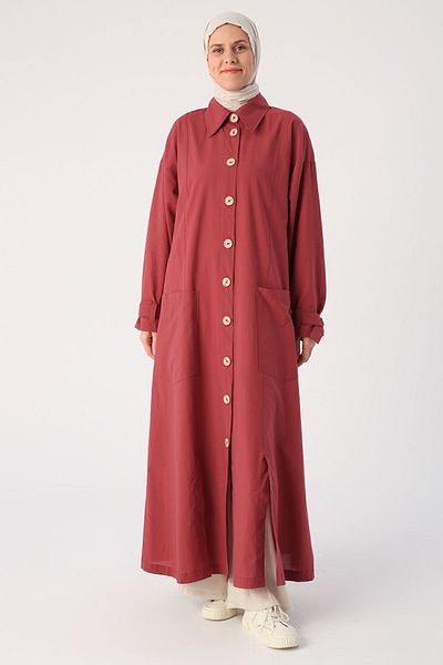 ALLDAY Claret Red 100% Cotton Double Slit Shirt Collar Abaya