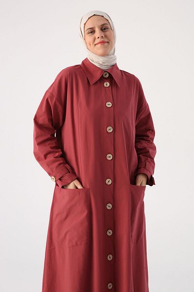ALLDAY Claret Red 100% Cotton Double Slit Shirt Collar Abaya