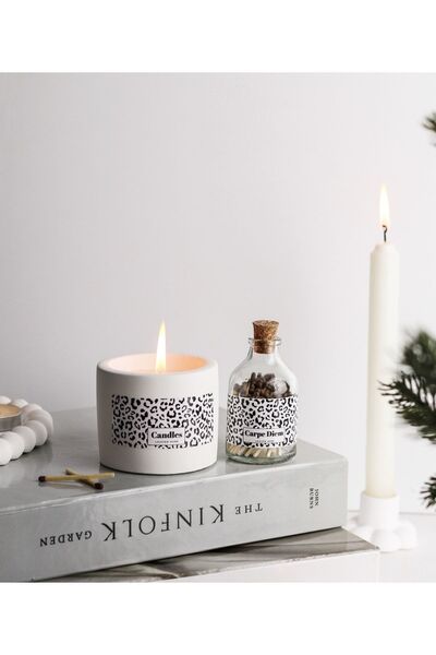 LALEZEN HOME Leopar Desen Etiketli Beton Mum & Kibrit Set