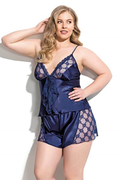 PRIMODA Plus Size Navy Blue Satin Babydoll Shorts Set 1052