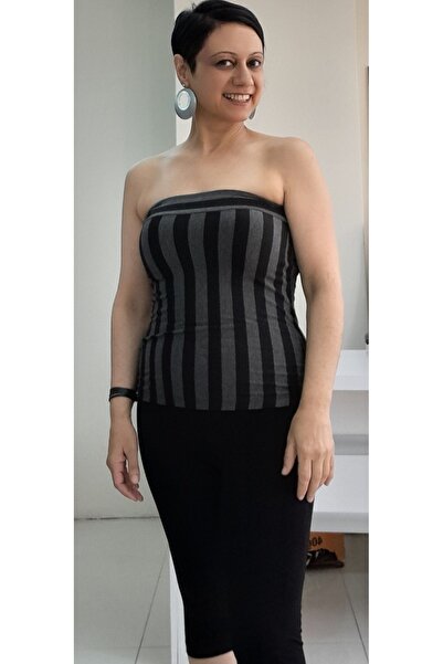 Mertcan Butik Strapless Black Smoked Striped Viscose Badi T-Shirt