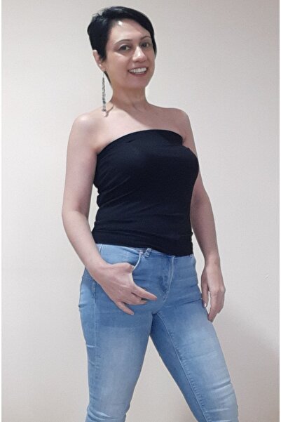 Mertcan Butik Black Strapless Long Size Combed Cotton Viscose Badi Tank Top