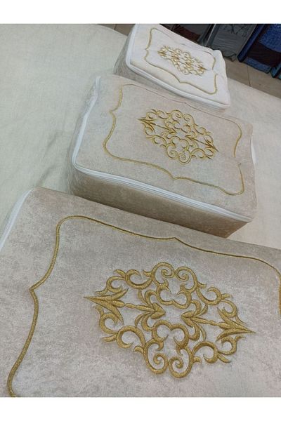 Yarençeyiz Dowry Velvet Gold Embroidered 3-Piece Bundle Engagement Bride Groom Storage Gold1