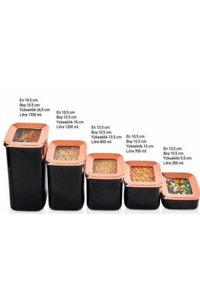 VİP AHMET Square Storage Container Black Copper 5 Pieces 1700 ml+1200 ml+900 ml+700 ml+250 ml