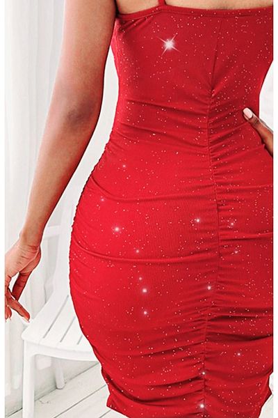 Rosy Live in style Red Glittery Crossed Chest Piece Decollete Party Dress