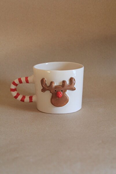 sukupotCeramics Geyikli Kırmızı Kulplu Yeniyıl Temalı El Yapımı Kupa