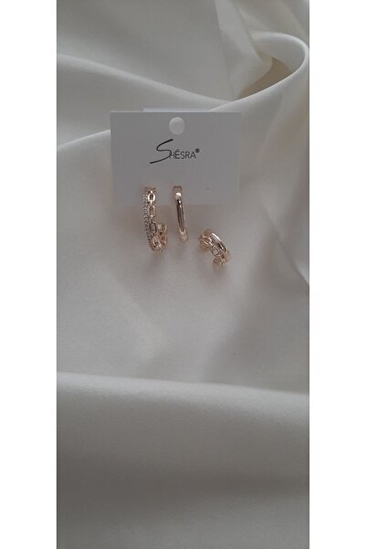 shesra Çelik Gold Zirkon Taşlı Küpe & 2'li Earcuff 3'lü Set