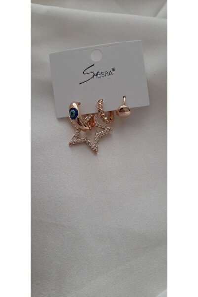 shesra Çelik Gold Zirkon Taşlı Yıldızlı Nazar Boncuklu Motifli Küpe 3'lü