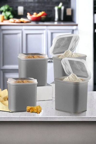 VİP AHMET 4 Pcs 4.5 Liter Vi̇pahmet Masal Series Gray Color Flour and Grain Storage Container