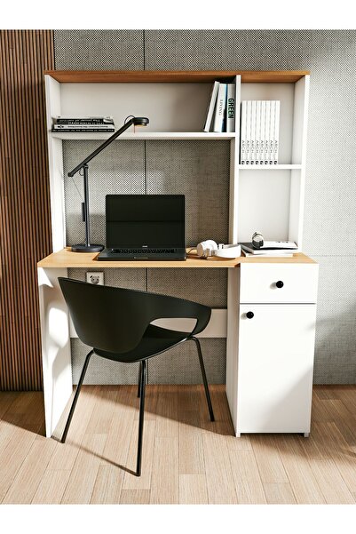 MONTENERO Çalışma Masası Parlak Beyaz-Marbella Kitaplıklı Raflı Masa