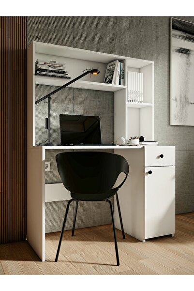 MONTENERO Çalışma Masası Parlak Beyaz Kitaplıklı Raflı Masa