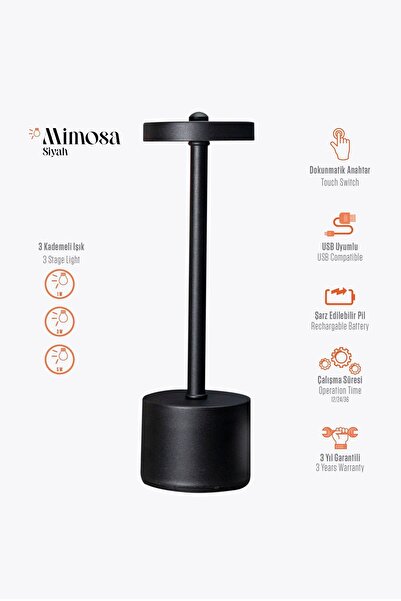 Light Design Mimosa Siyah Başucu Pilli Led Şarjlı Restoran Kafe Otel Bar Kütü...