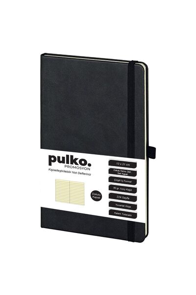 PULKO Promosyon Blocnotes cu linii promoționale Classic 224 de pagini cu capac din piele artificială termică 13 X 21 cm, negru