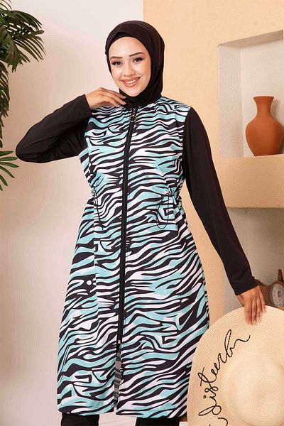 EBRUTESETTÜR Zebra Pattern Waterproof Hijab Swimsuit Black