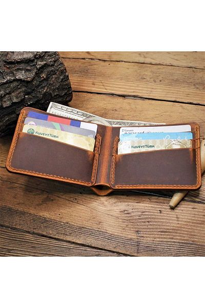 Z ZDK Leather Craft Camel Colored Genuine Leather Classic Wallet - Laurel