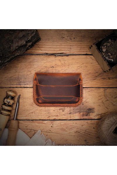 Z ZDK Leather Craft Troya Camel Genuine Leather Mini Wallet and Card Holder
