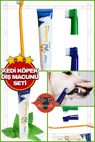 Greathings Kedi Köpek Diş Fırçası ve Diş Macunu Seti Yenilebilir Diş Macunu Sığır Eti Aromalı Diş Macunu