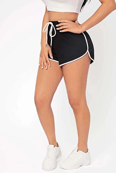 DAXİS Sportwear Company 2'li Set Siyah-Gri Renkli Beyaz Biyeli Penye Yırtmaçlı Ipli Mini Şort