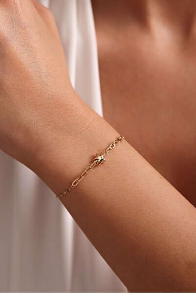 Gianfranco 14 Ayar Altın Aynalı Zincir Ataş Detay Yıldız Bileklik