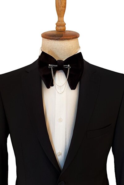 Kravatkolik Black Velvet Large Bow Tie with Silver Color Chain P1407
