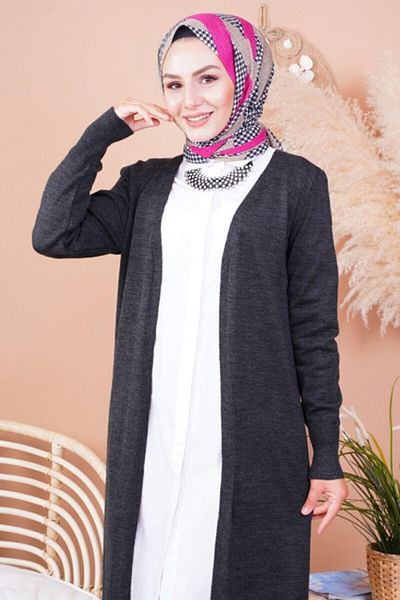 FY Giyim Women's Anthracite Seasonal Long Knitwear Cardigan