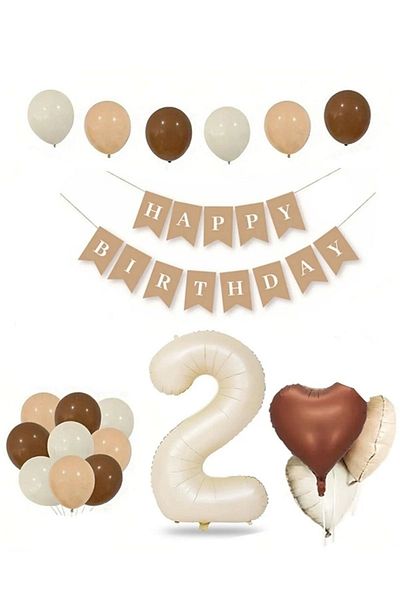asöy Retro 2-3 Years Old Birthday Set - Cream Number Foil, Banner, Heart Foil and Latex Balloon