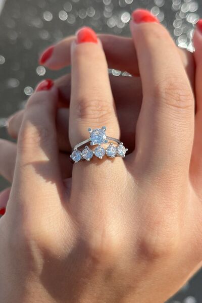 Lieza Kadın 925 Ayar Gümüş Tektaş - Beştaş Yüzük Seti Sevgiliye Hediye