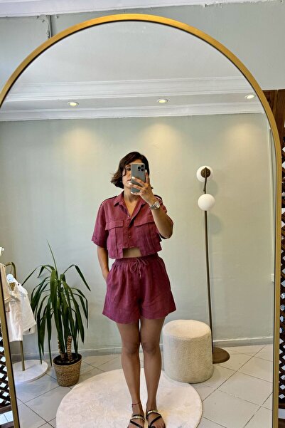 Bucle By Gizem %100 Ham Keten Bağcıklı Şort Bordo