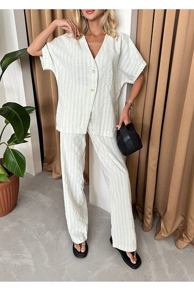 Laluvia 100% Cotton Ecru Thick Line ing és nadrág szett