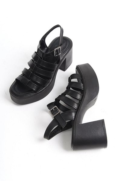 Modabuymus Sandale înalte negre Zercok - Pantofi casual cu toc cu platformă cu mai multe bretele