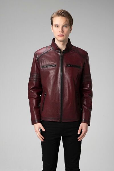 Dericlub Erkek Parma Jumbo Dik Yaka Hakiki Deri Mont Bordo