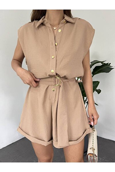 MST CLOTHİNG MST Clothing Women's Shoulders Epaulettes Belt Aerobin Woven Shorts Jumpsuit Camel