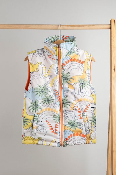 MAİBELLA White Dinosaur Patterned Zippered Unisex Inflatable Vest Functional and Stylish