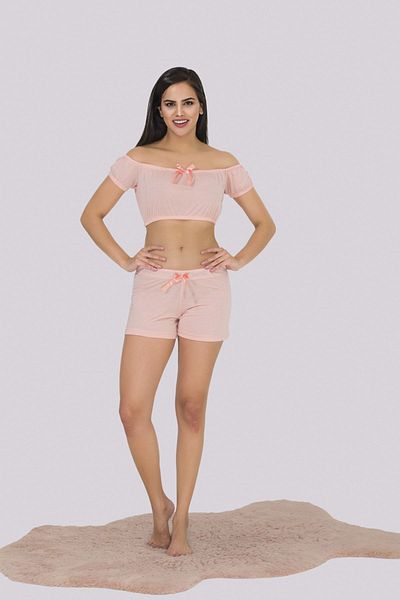 MyBen Pink Strapless Women's Pajama Set with Detailed Shorts 377