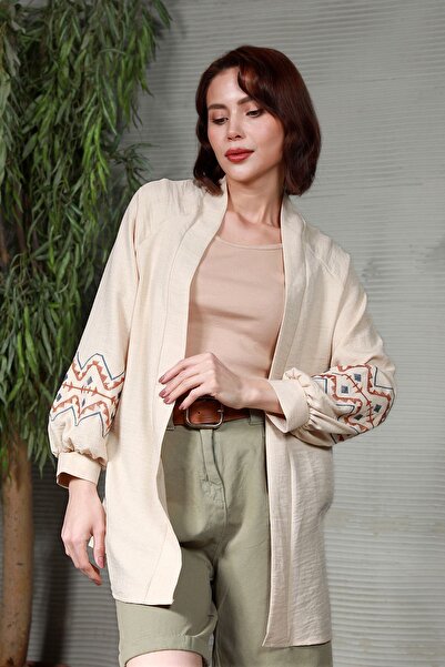 GİYSA Embroidered Sleeve Aerobin Midi Women's Cardigan
