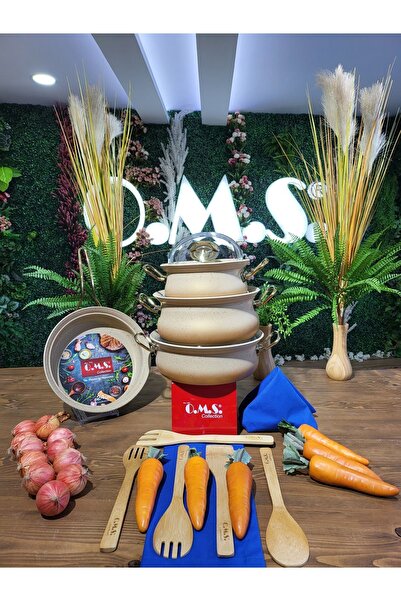 OMS موديل 3044 - طقم أواني طهي نحاسية مكونة من 7 قطع، مصنوع من الجرانيت الحيوي والتعريفي، وجسم كريمي وتفاصيل ذهبية