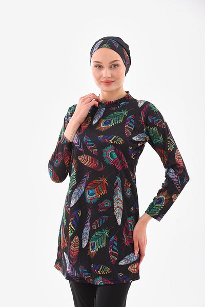 Asgard Tesettür Hijab Swimsuit - Lycra, Full Covered, Feather and Leaves
