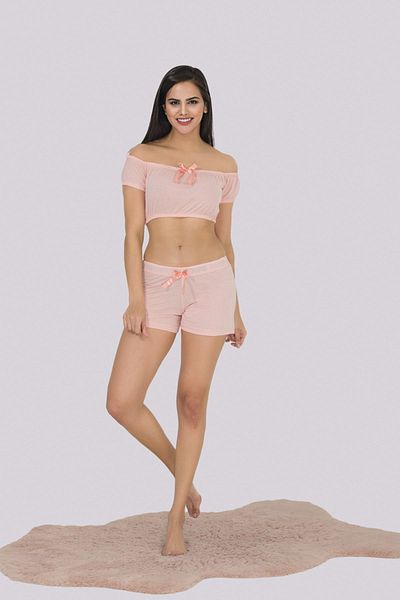 MyBen Pink Strapless Women's Pajama Set with Detailed Shorts 377