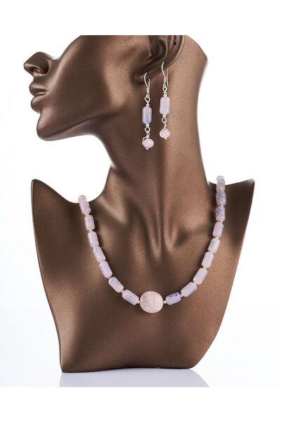 VALTURKEY Handmade Gül Kuvars Taşı 925 Ayar Gümüş Kolye Ve Küpe - Özel Tasarım