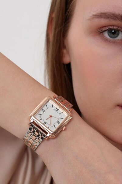 OQQO ساعة يد نسائية ديزي روز فضية مربعة الشكل بأرقام رومانية