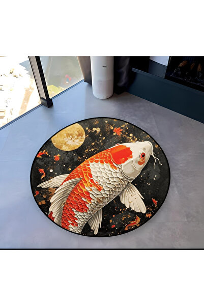 Rugs Modern Halı سجادة ميرا الدائرية المزخرفة بنمط سمكة كوي منسوجة بقاعدة منس...