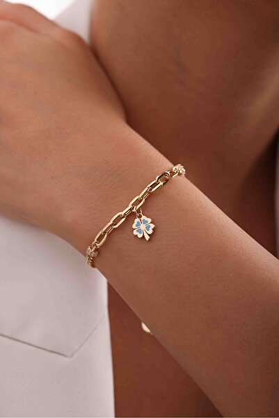 Gianfranco 14 Ayar Altın Mavi Mineli Yonca Sallantılı Charm Beyaz Taşlı Gurmet ve Ataş Bileklik