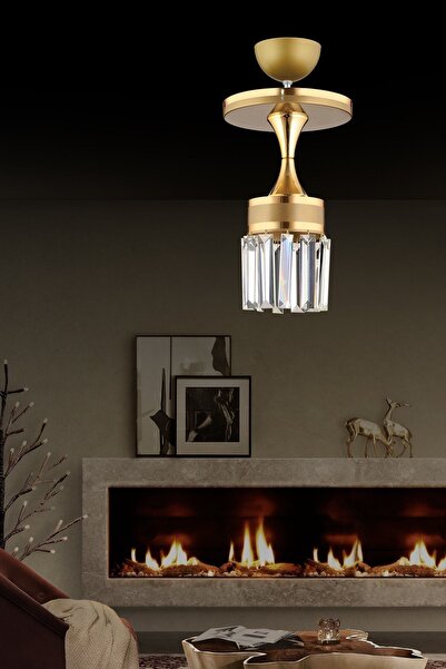 Kraliçe Tekli Eskitme Plafonyer Kristal Taşlı Sarı Şeritli Silindir Lüks Avize