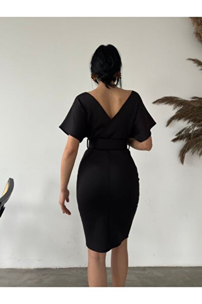 lovebox Kadın Kemerli Yarım Kol Skuba Kumaş Kruvaze Yaka Sırt Detaylı Abiye Gece Mezuniyet Elbisesi 1825