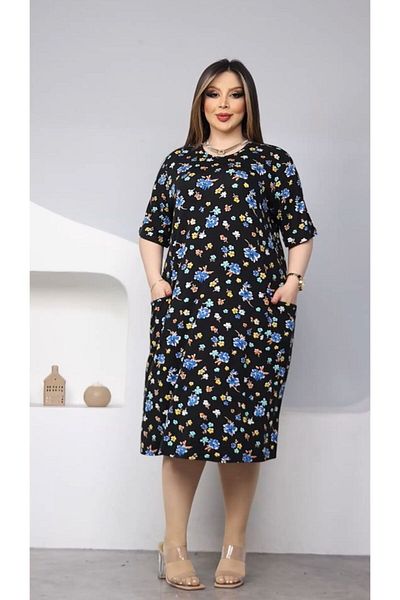 HÜLYA BUTİK WOMEN'S BLACK BLUE FLOWERED TWO POCKET MIDI DRESS