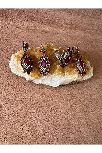 Aysesa Yakut ve Zirkon Taşlı Kadın Gümüş Kolye + Gümüş 2 Küpe + Gümüş Yüzük S...