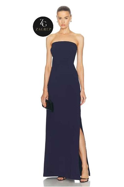 Zagrep Navy Blue Strapless Maxi Dress - Double Layer Lined with Slit and Zagrep Detail