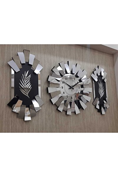 TUĞBArt 3lü Duvar Saati Gümüş Aynalı 3 Boyutlu Piyano Model Palmiye Detay Lat...